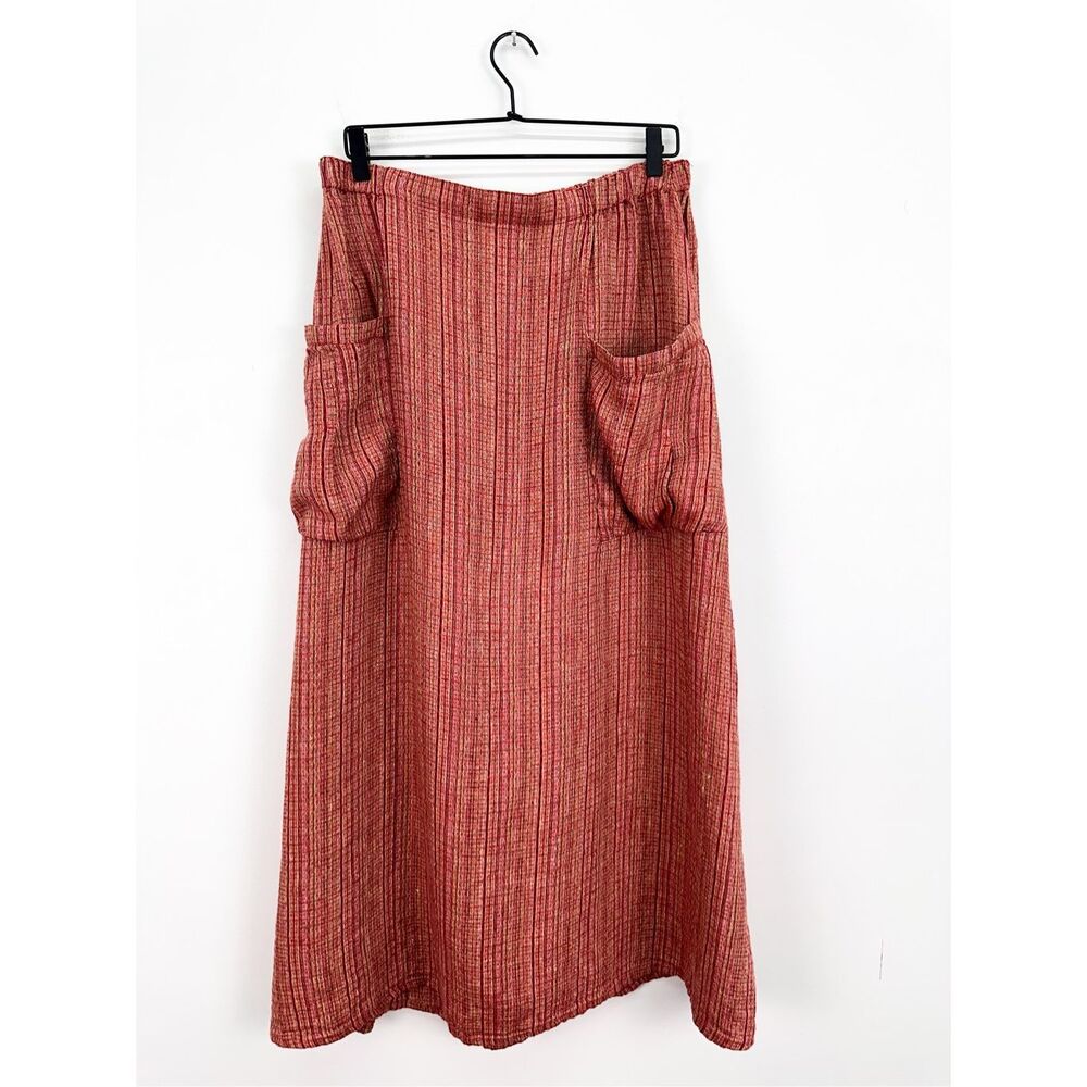 Flax Women’s Multi Red Pink Woven Textured Linen Pocket Maxi Skirt - Picture 2 of 10